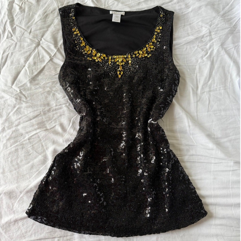 Vintage Y2K 2000s Cache Sequin Top Small Black Gemstone Embellished Neckline